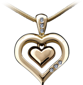 Cremation Jewelry, solid Gold outer heart pendant with six Diamonds. Gold inner heart is available with fine Sapphire Crystal window.